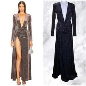 Michael Costello x REVOLVE Sheana Long Sleeve Plunge Maxi Gown in Black